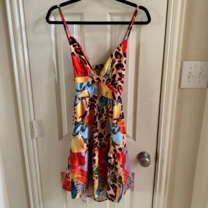 Tropical print mini ruffle cutout dress